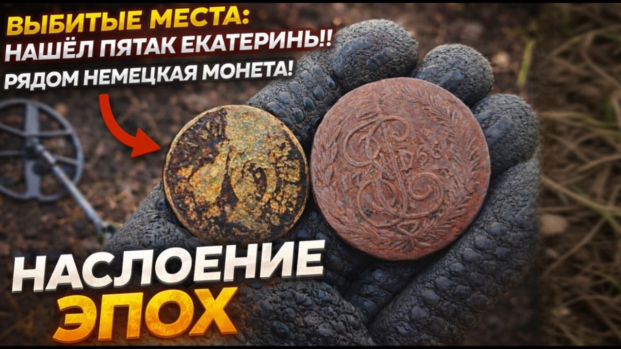 Выбитое место удивило! Пятак Екатерины и немецкая монета!
