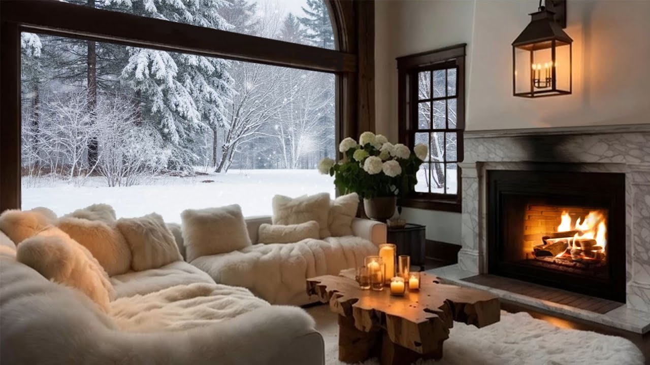 Cozy Winter Living Room Screensaver ❄️ Fireplace Glow, Candles & Gentle Snowfall Music