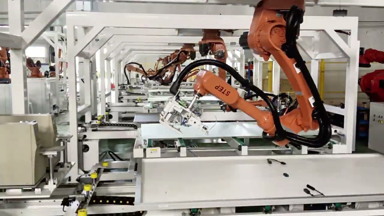 Robot labeling machine for solar panel production line