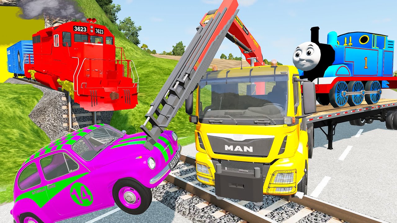 Double Flatbed Long Trailer Truck Car Rescue vs Speedbumps Train Cars vs Deep Water Monster Truck