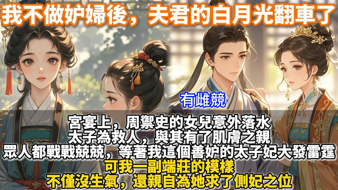 完結重生復仇文：我不做妒婦後，夫君的白月光翻車了。宮宴上，周禦史的女兒意外落水。太子為救人，與其有了肌膚之親。眾人都戰戰兢兢，等著我這個善妒的太子妃大發雷霆。可我不僅沒生氣，還親自為她求了側妃之位。