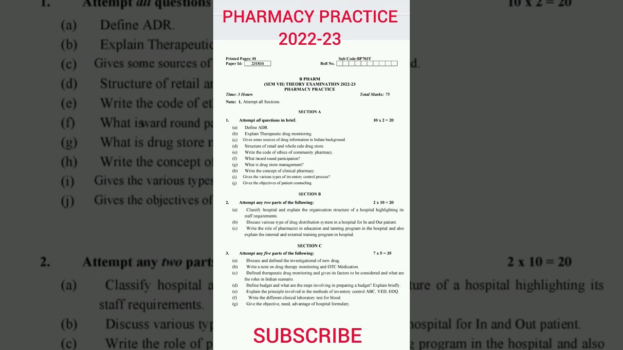 Pharmacy Practice 2022-23 || Previous Year Question Paper || B Pharmacy 7 Sem || BP703T ||Aktu paper