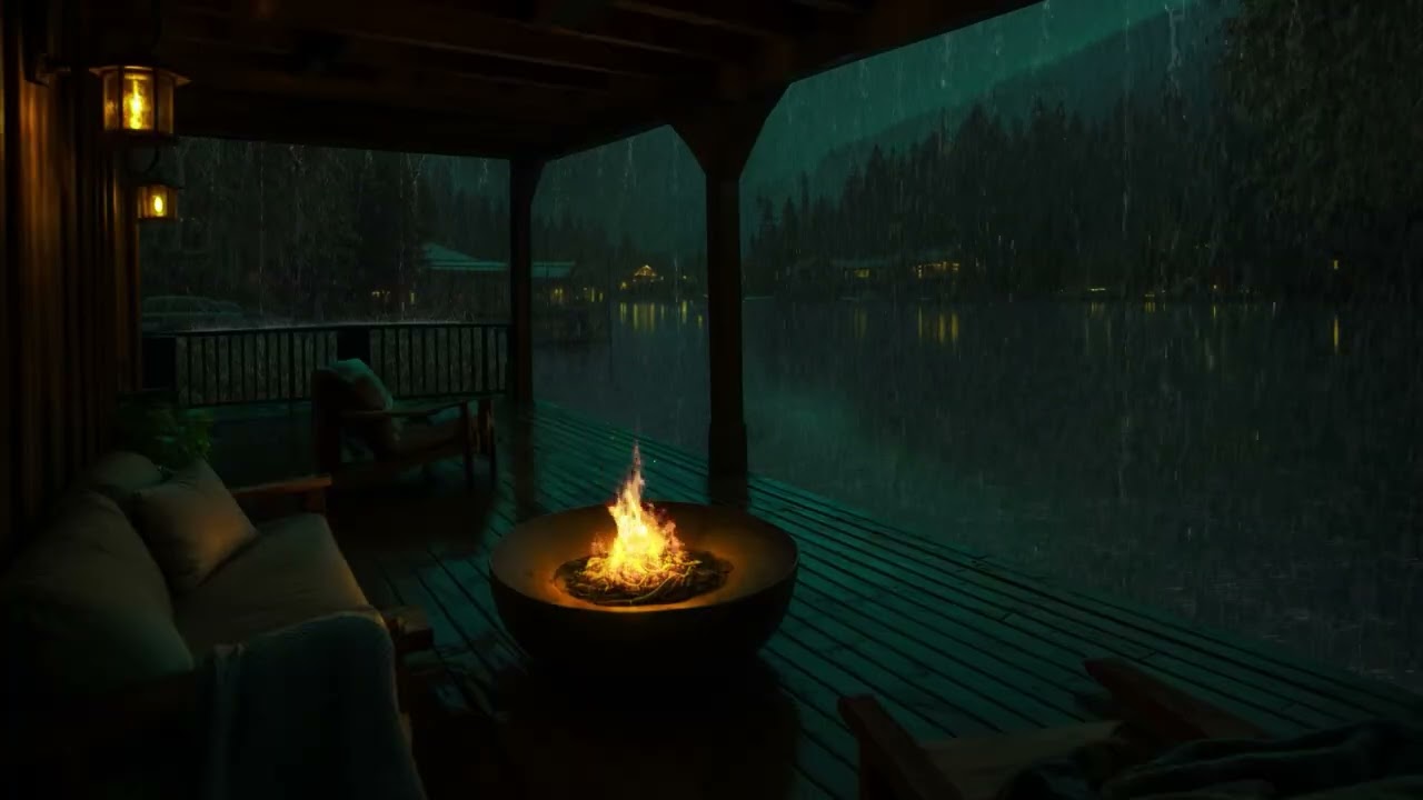 Rainfall by Lakeside Cabin | Rainy Evening and Crackling Fire for Sleep, Relax, Rest