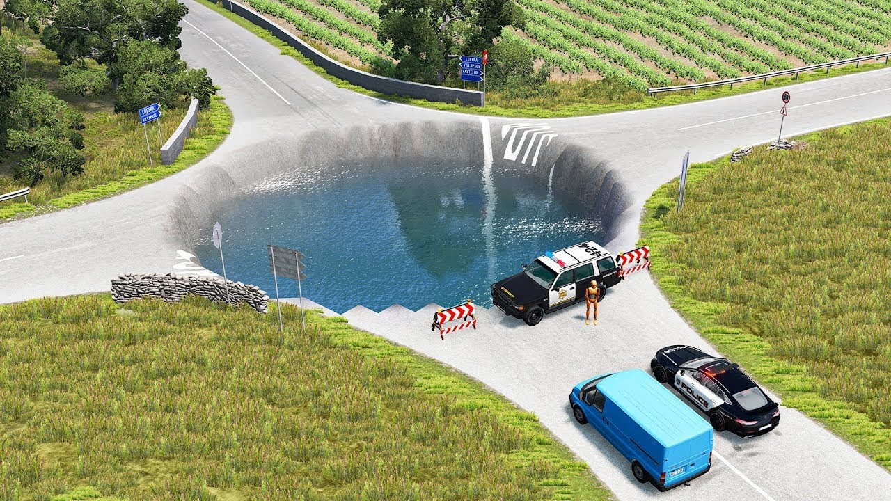 Cars vs Huge Water Potholes - BeamNG Drive