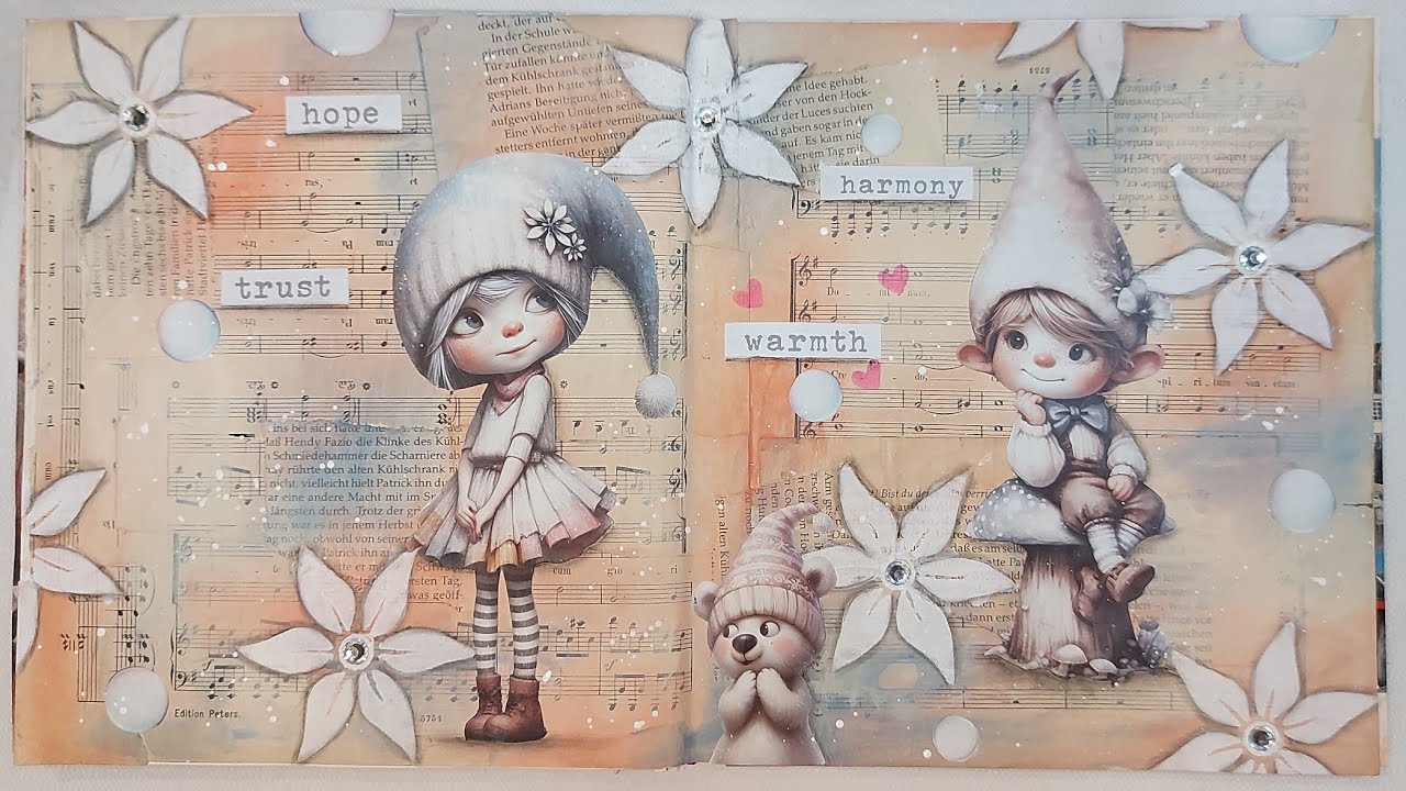 Art Journaling, Schablone Romantik, mit dem Buch Gnomes  in Winter Wonderland von @MaremiSmallArt