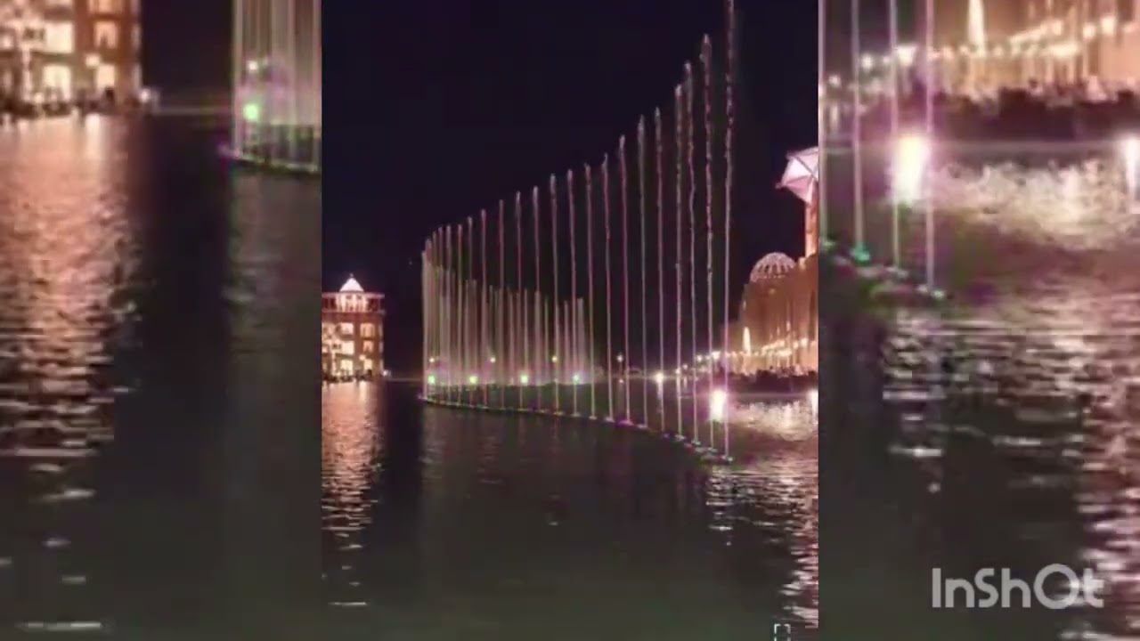 Colorful dancing fountain scenery at night in Al-Kout Mall Fahaheel