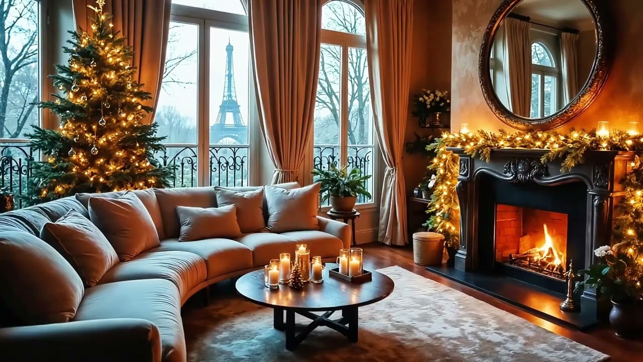 Cozy Paris Christmas Fireplace 🎄 Winter Living Room Ambience & Relaxing Jazz Music for Study, Focus