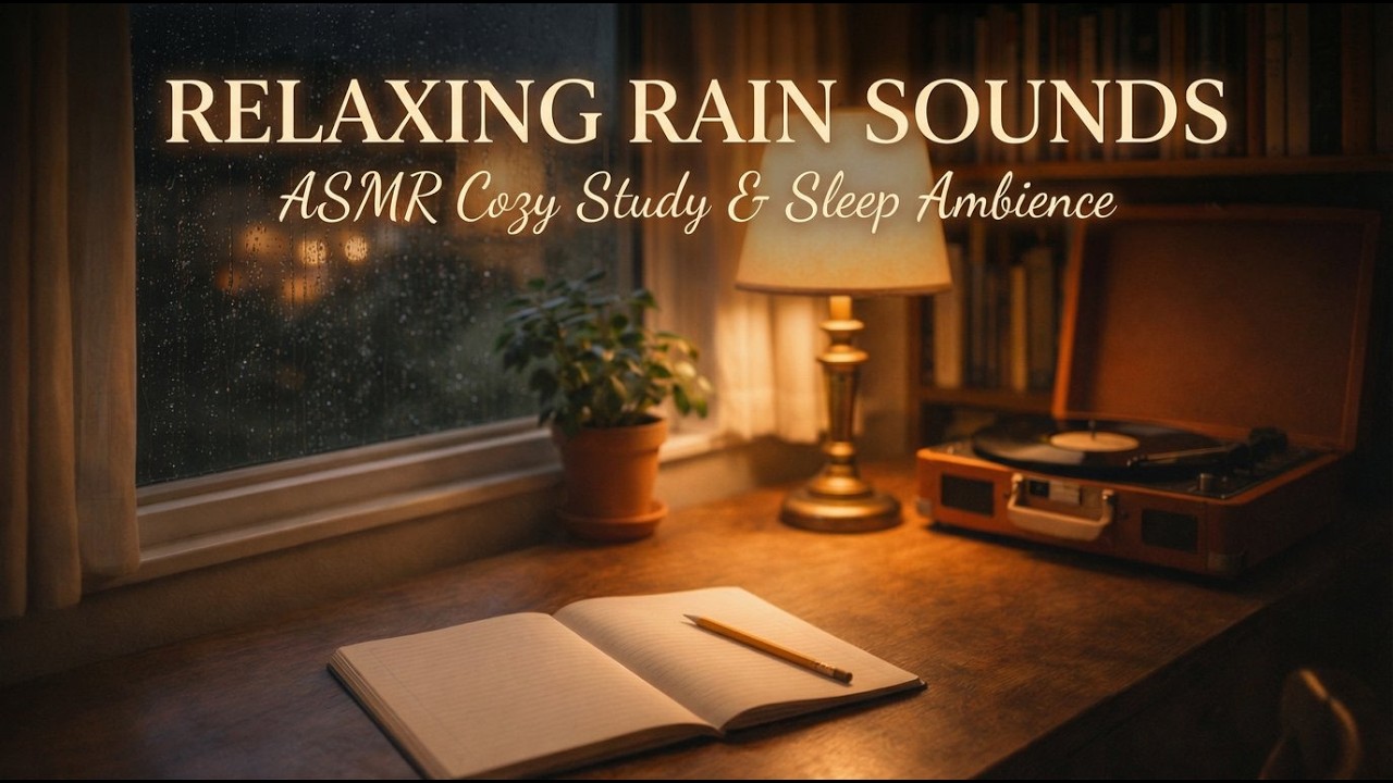 Relaxing Rain Sounds Outside the Window with Vintage Record Player  ASMR Cozy Study & Sleep Ambience