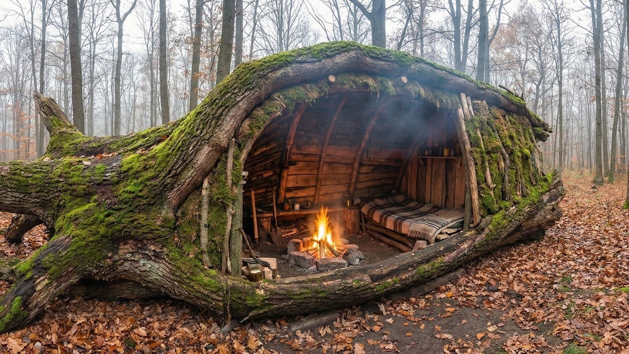 Building a Secret Shelter in the deep Hollow. Hidden Cave. Bushcraft, Survival