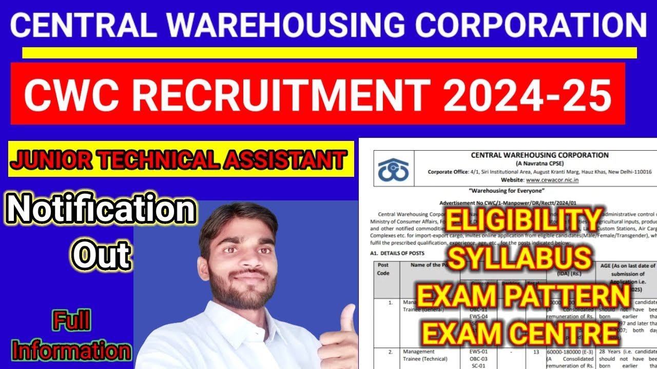 CWC RECRUITMENT 2024 I CENTRAL WAREHOUSING CORPORATION JUNIOR TECHNICAL ASSISTANT RECRUITMENT 2025II