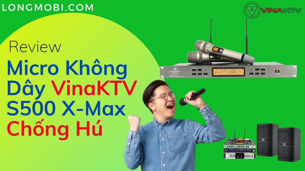 VinaKTV S500 X-Max Micro không dây, chống hú, kết nối nhanh, phạm vi 50m, tự động tắt khi bị rơi.