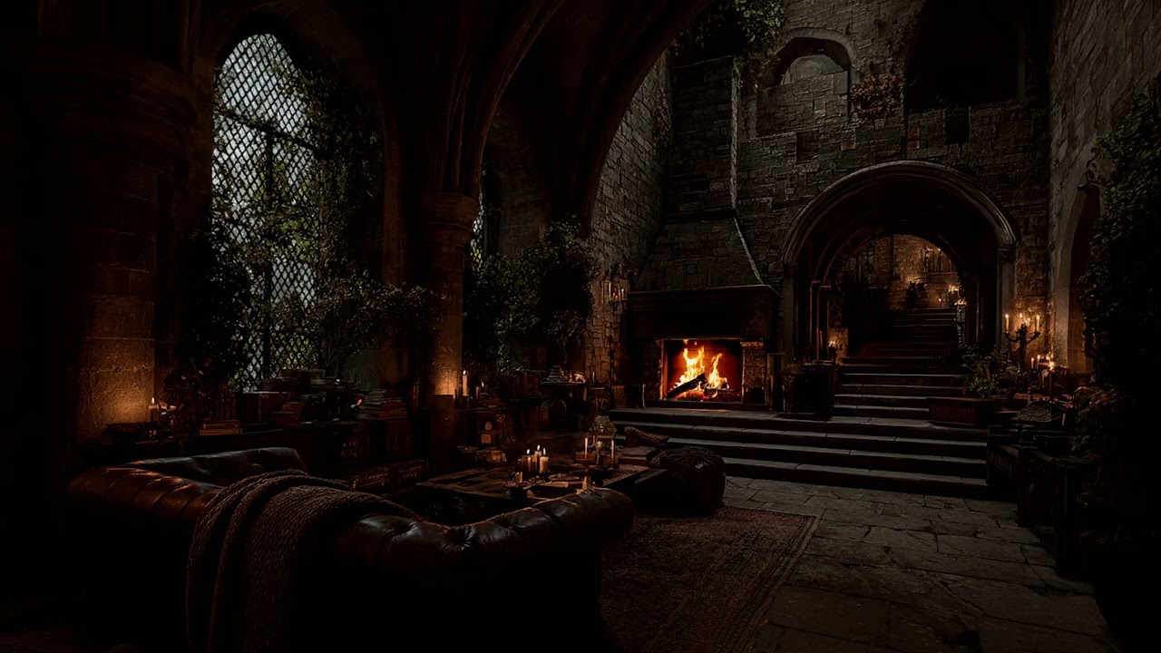 Cozy Castle Rain Ambience &ndash; Thunderstorm & Crackling Fireplace Sounds for Deep Sleep