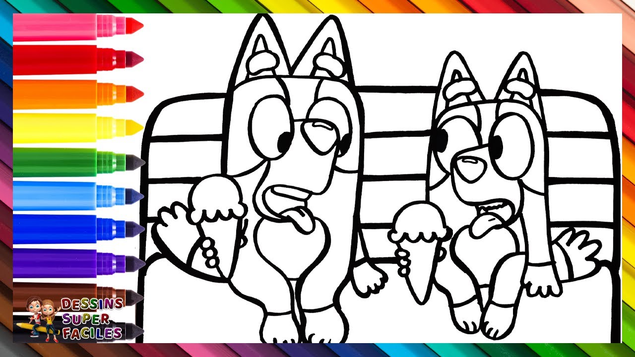 Dessiner et Colorier Bluey et Bingo en Train de Manger de la Glace 🐶🍦🌳 Dessins pour Enfants