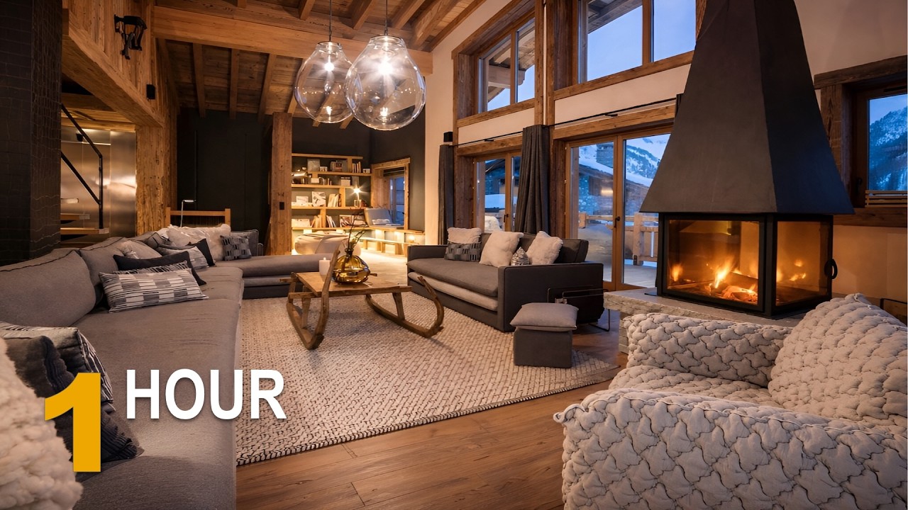 Snowy Luxury Chalet Fireplace Ambience – Cozy Winter Night for Relax & Study (1 Hour)