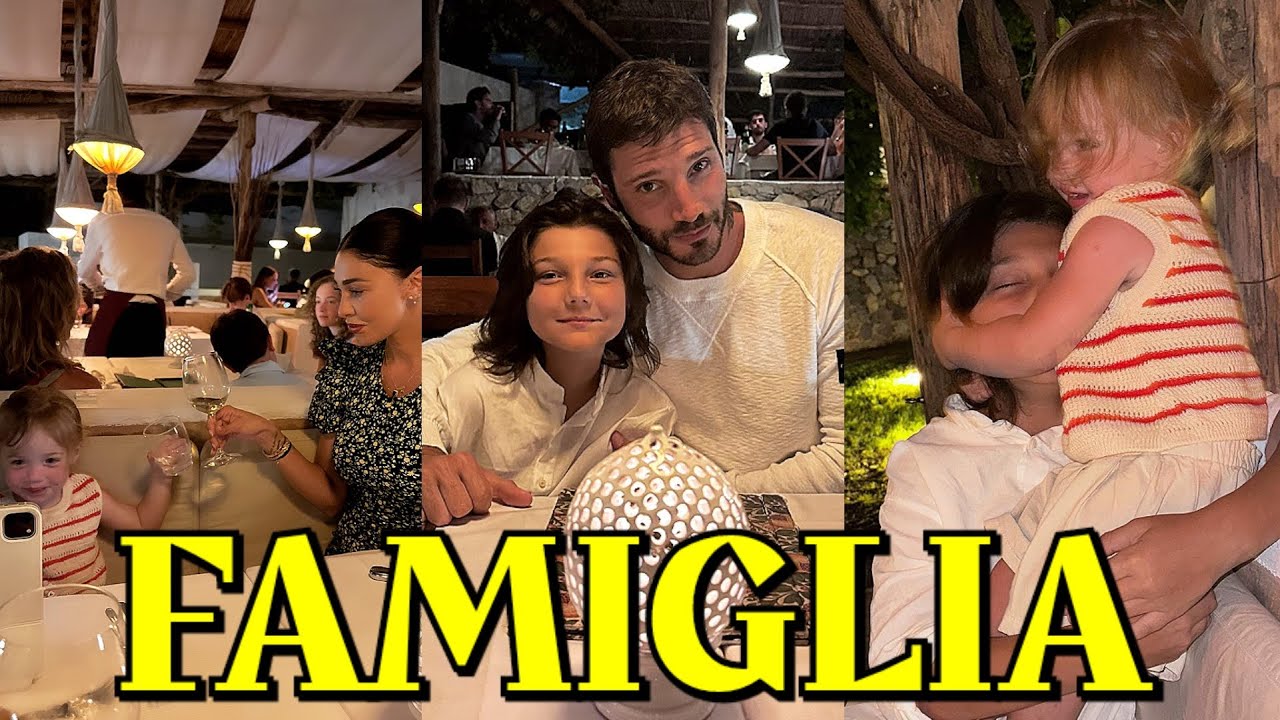 Belen Rodriguez assieme a Stefano De Martino Luna Marì e Santiago Mare e Cena Una bella famiglia