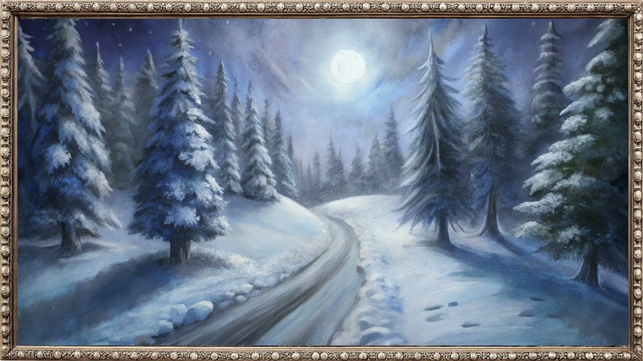 Moonlit Winter Forest Path oil painting TV Screen in Gold Classical Frame | Elegant TV Wallpaper