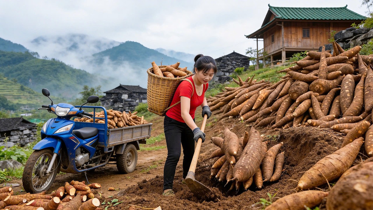 Harvesting Giant Cassava Tubers on the Hillside | Fresh Sale at Rural Market