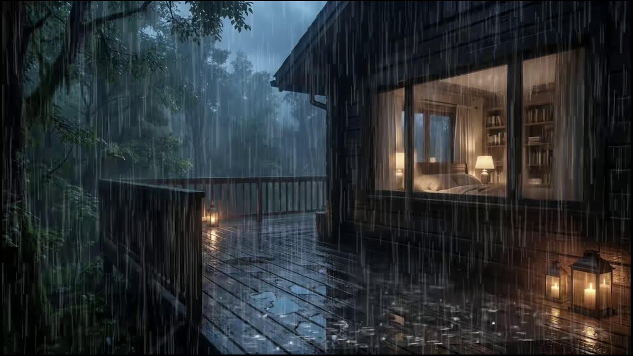 Soft rain by a cozy forest cabin, midnight rain soundscape guiding sleep ease and insomnia comfort