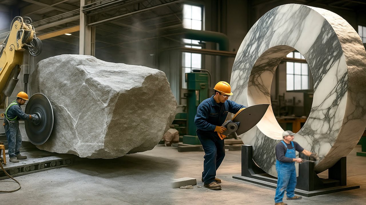 “Amazing Process of Huge Truck Unloading, Stone Cutting & Marble Making in The Factory”