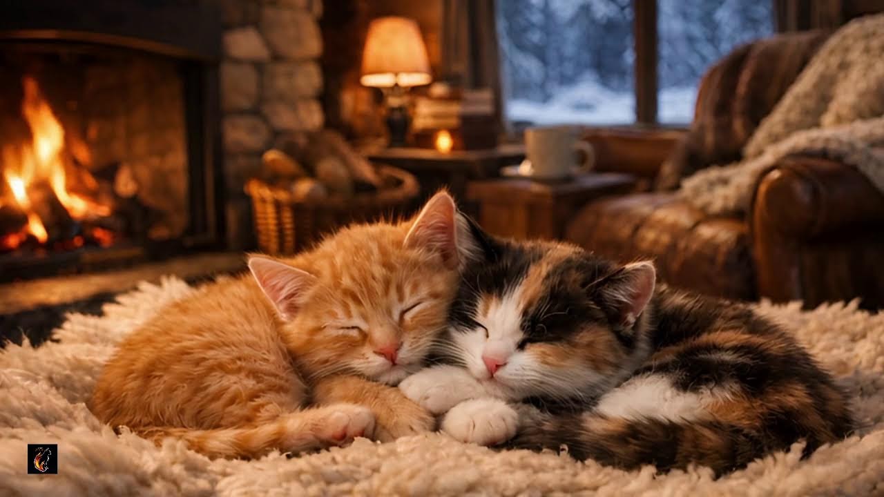 🔥 Sleeping Kittens & Crackling Fire 🐾 Relaxing Cozy Cabin Sounds