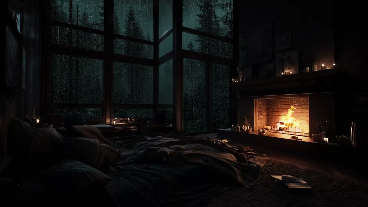Gentle rain falling outside a warm forest cabin with soft fireplace sounds inside