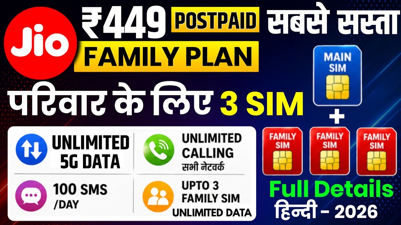 Jio ₹449 Postpaid Family Plan 2026 | 3 SIMs Free, Unlimited 5G Data, Cheapest Offer Full Details ...