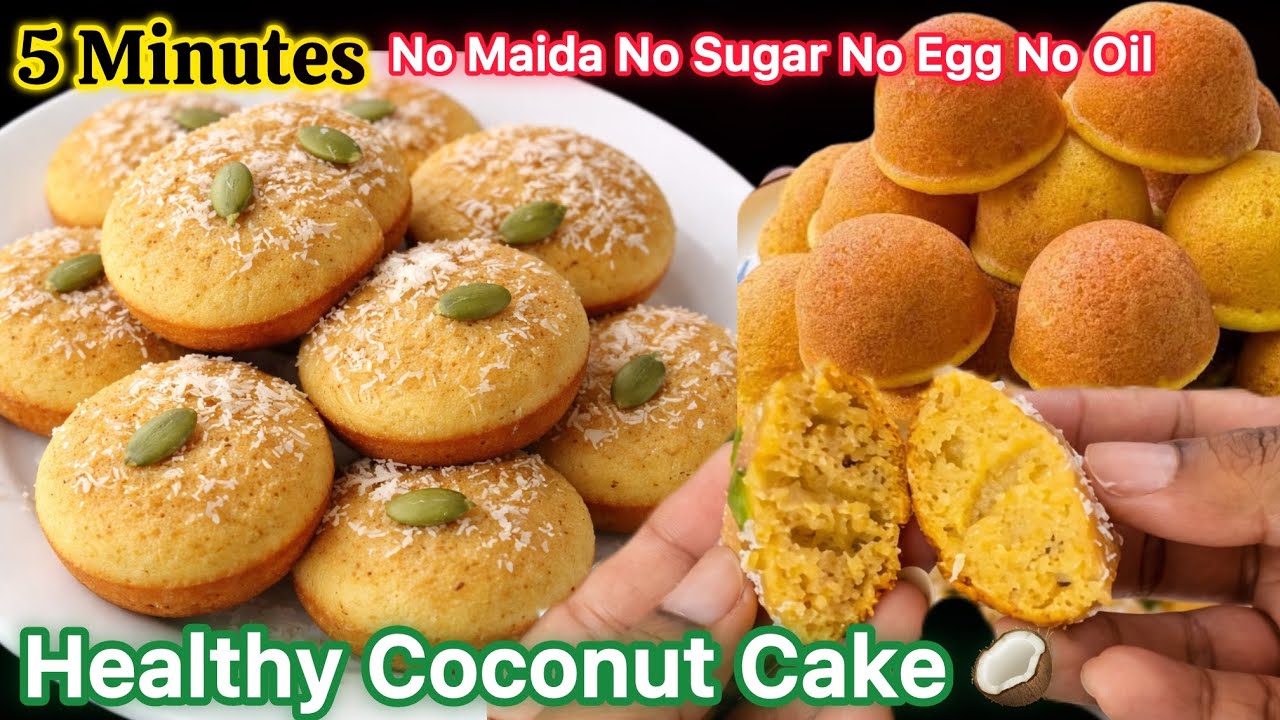 5 Minute Healthy Coconut Cake Without Oven | No Maida No Sugar No Egg | Easy Coconut Cake Recipe.