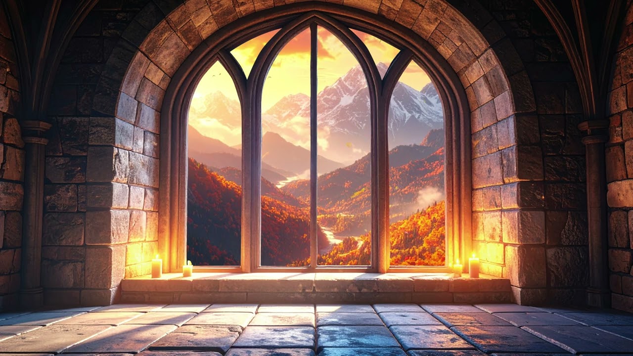 Rainy Autumn at a Medieval Window 🌧️🍂 | Cozy Fantasy Ambience & Soft Music