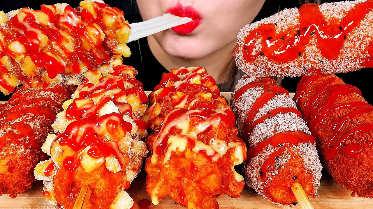 ASMR CORN DOGS KOREAN CHEESE HOTDOG 명랑핫도그 먹방 咀嚼音 チーズドッグ EATING SOUNDS NO TALKING MUKBANG