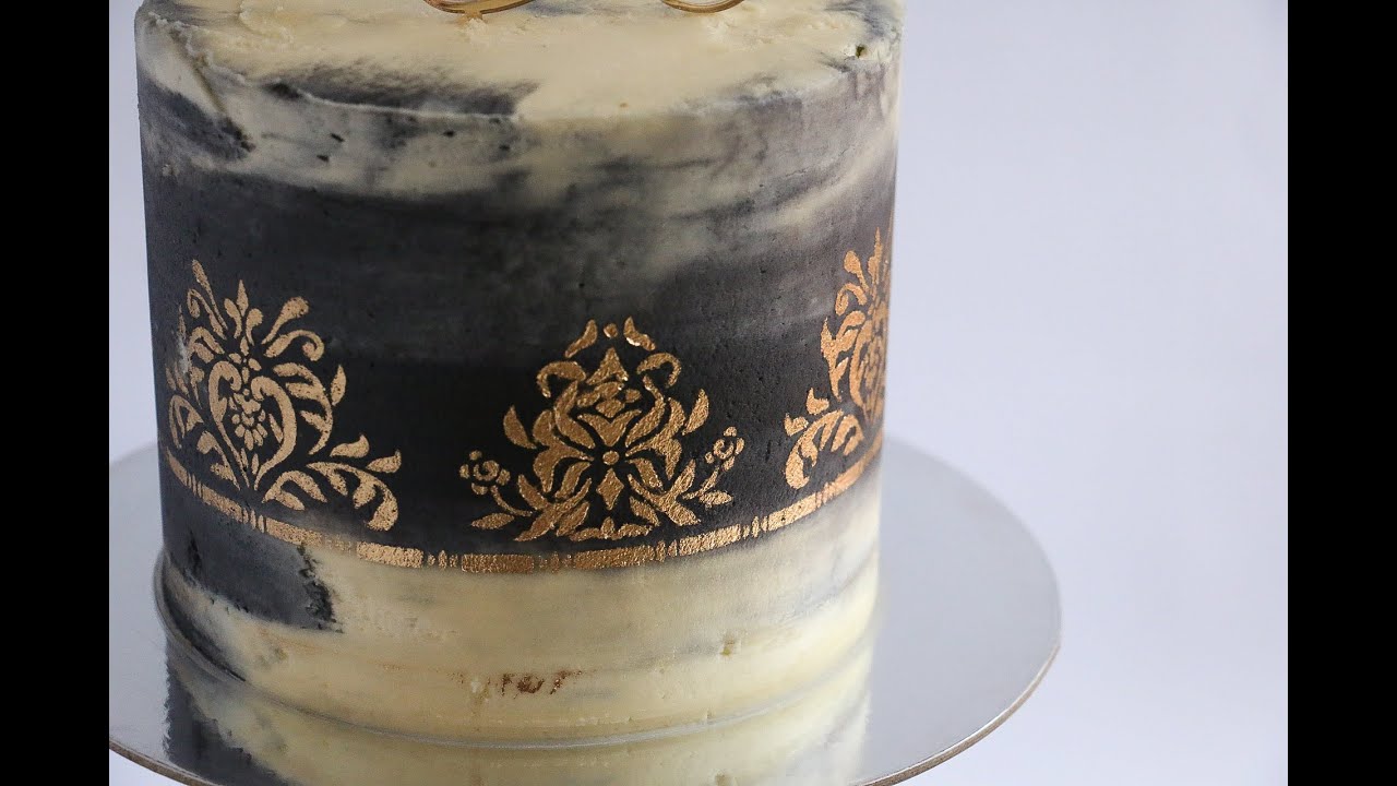 Gold Stencil on Watercolour Black and White Cake- Rosie's Dessert Spot