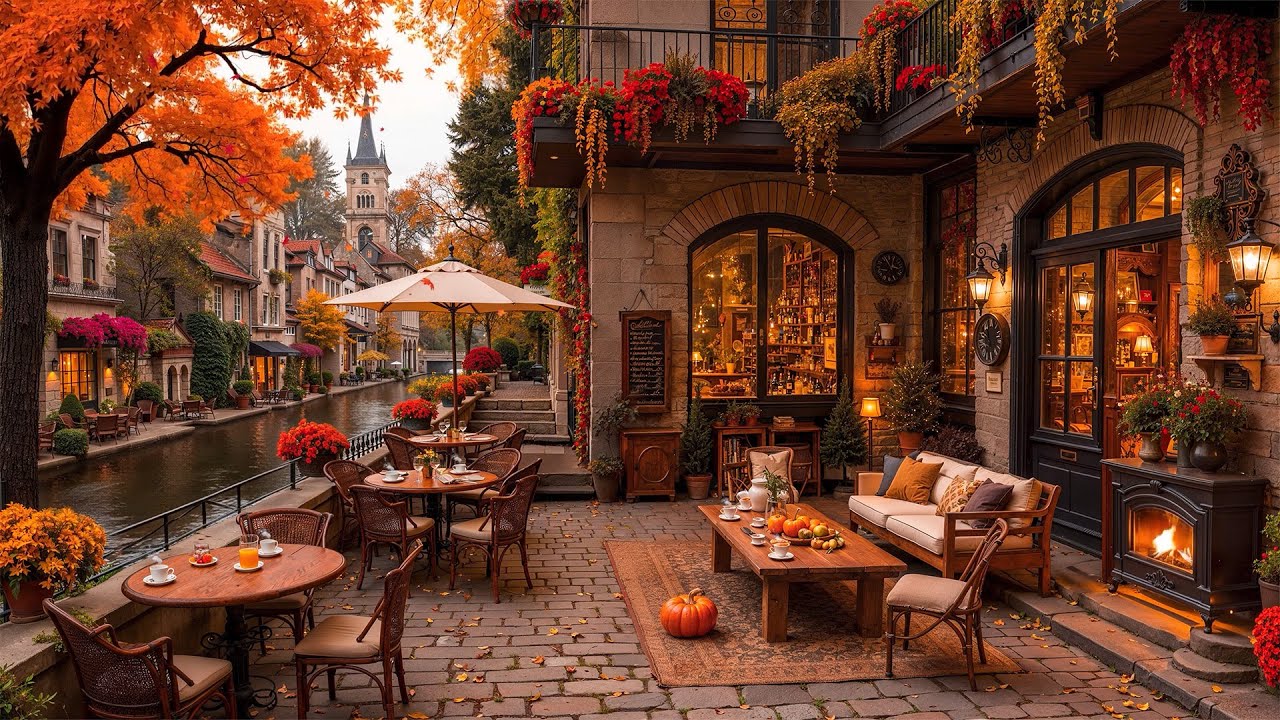 Relaxing Morning Jazz 🍂 Cozy Fall Coffee Shop by the River & Crackling Fireplace for Working
