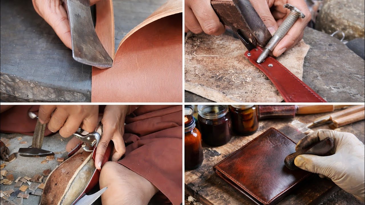 Kneeling Cutting Polishing And Assembling Leather For Making Peshawari Chappal And Other Products