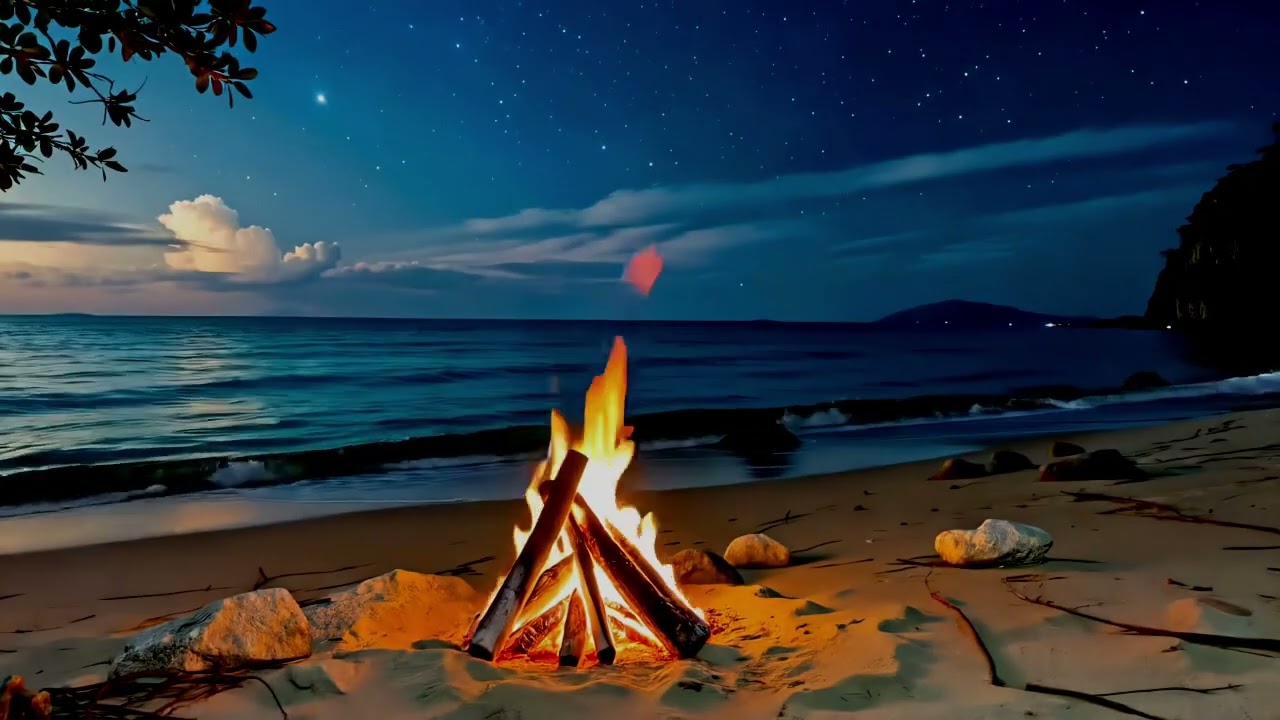 Tranquil Coastal Campfire – Soft Waves and Crackling Flames All Night