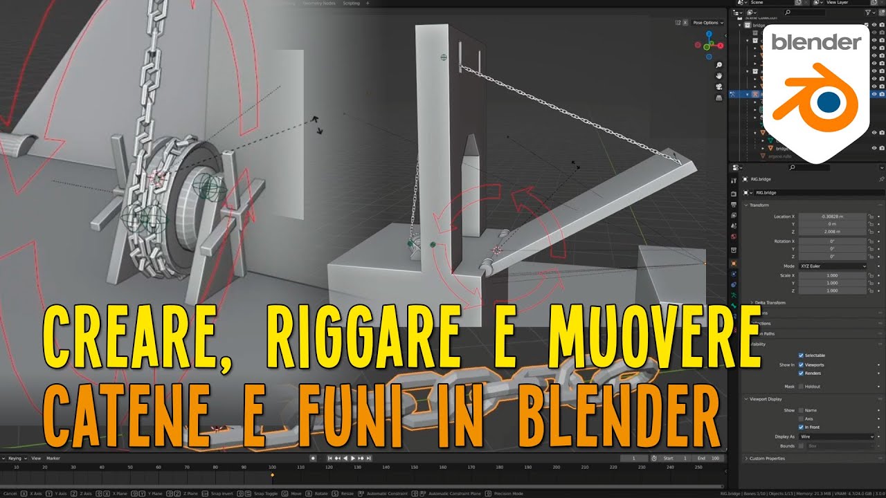 Creare, riggare e muovere catene e funi con le curve in Blender