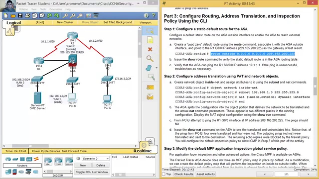 9.3.1.1 Packet Tracer - Configuring ASA Basic Settings and Firewall Using CLI