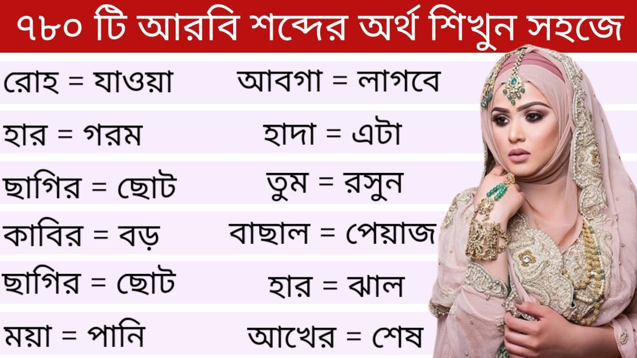 আরবি ভাষা শিক্ষা।। ৭৮০ টি আরবি শব্দের অর্থ ও বাংলা অর্থ শিখুন সহজে