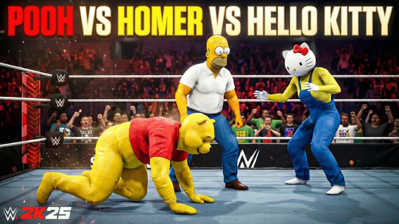 Winnie the Pooh vs Hello Kitty vs Homer Simpson | Cartoon Chaos Triple Threat | WWE 2K25 4K