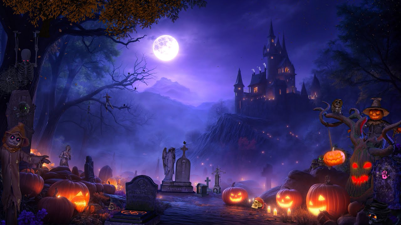 Cozy Haunted Halloween Night 🌕 | Relaxing Spooky Ambience, Crackling Leaves & Night Nature Sounds