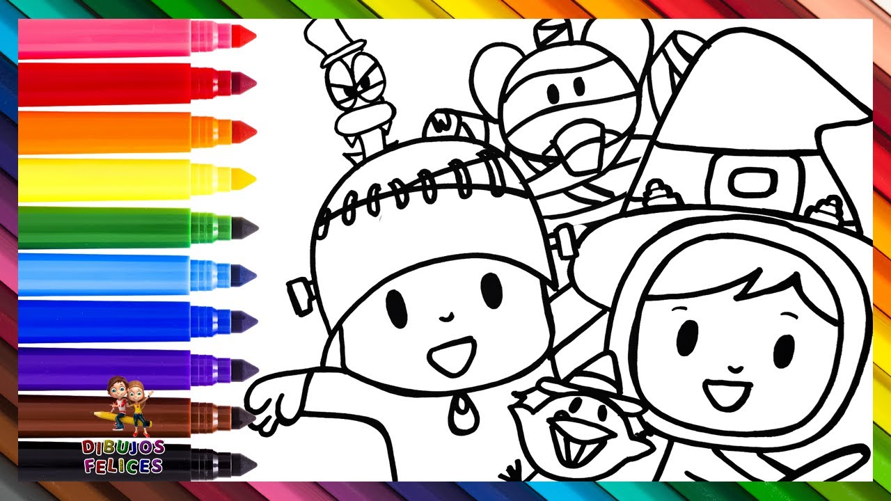 Dibuja y Colorea A Pocoyó Y Sus Amigos Durante Halloween 👶👧🧙‍♀️🦆🧛🎃🦇 Dibujos Para Niños