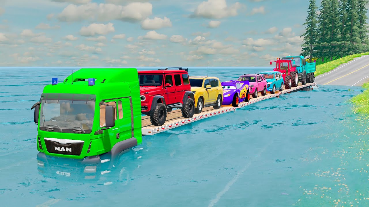 Flatbet Truck McQueen | Transportation with Truck - Pothole vs Car #034 | BeamiNG.Drive Gameplay