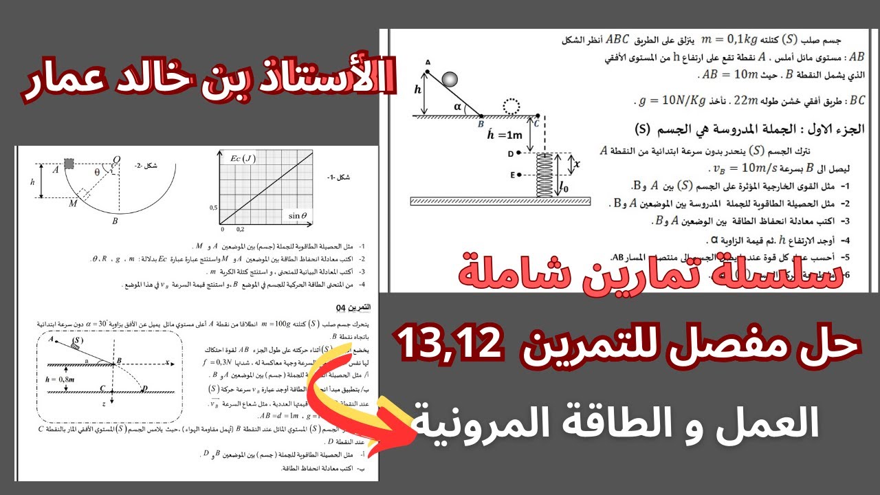 الحل المفصل لسلسلة التمارين الشاملة للعمل و الطاقة المرونية (التمارين13،12)