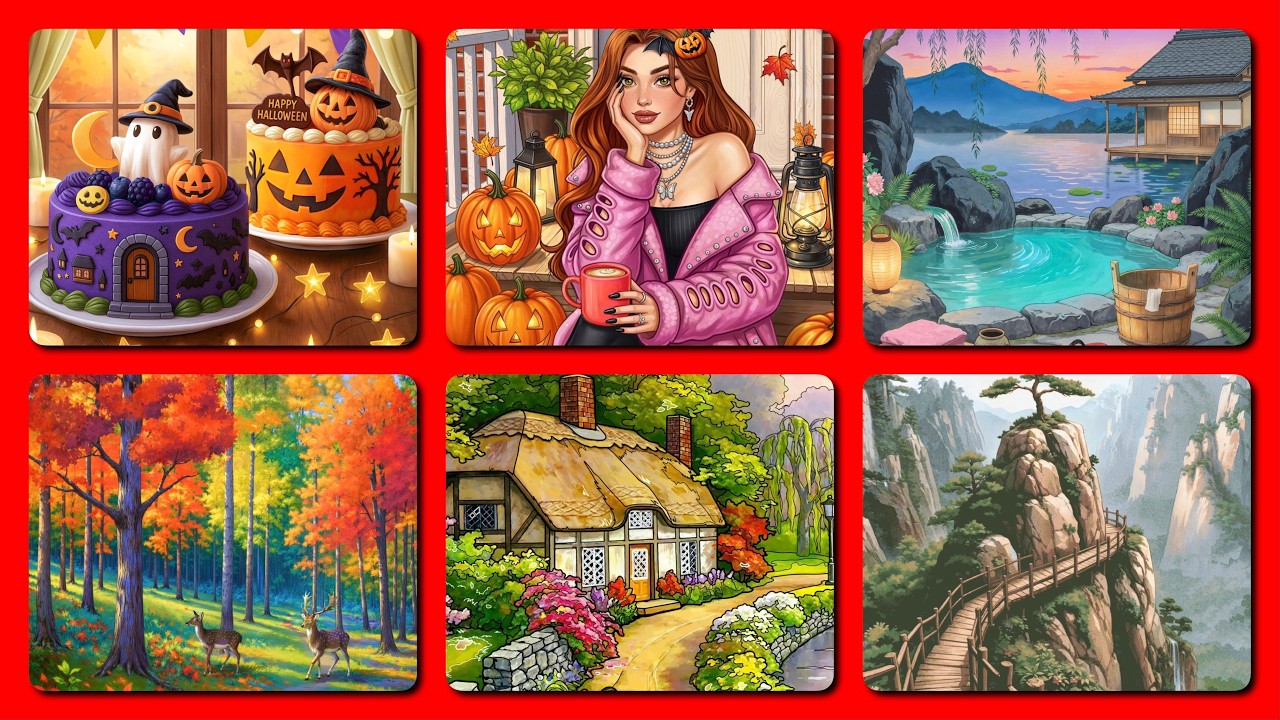 Zen Color by Number Halloween Cake, Hot Spring View Cottage Calm Collage Special Pictures #zencolor