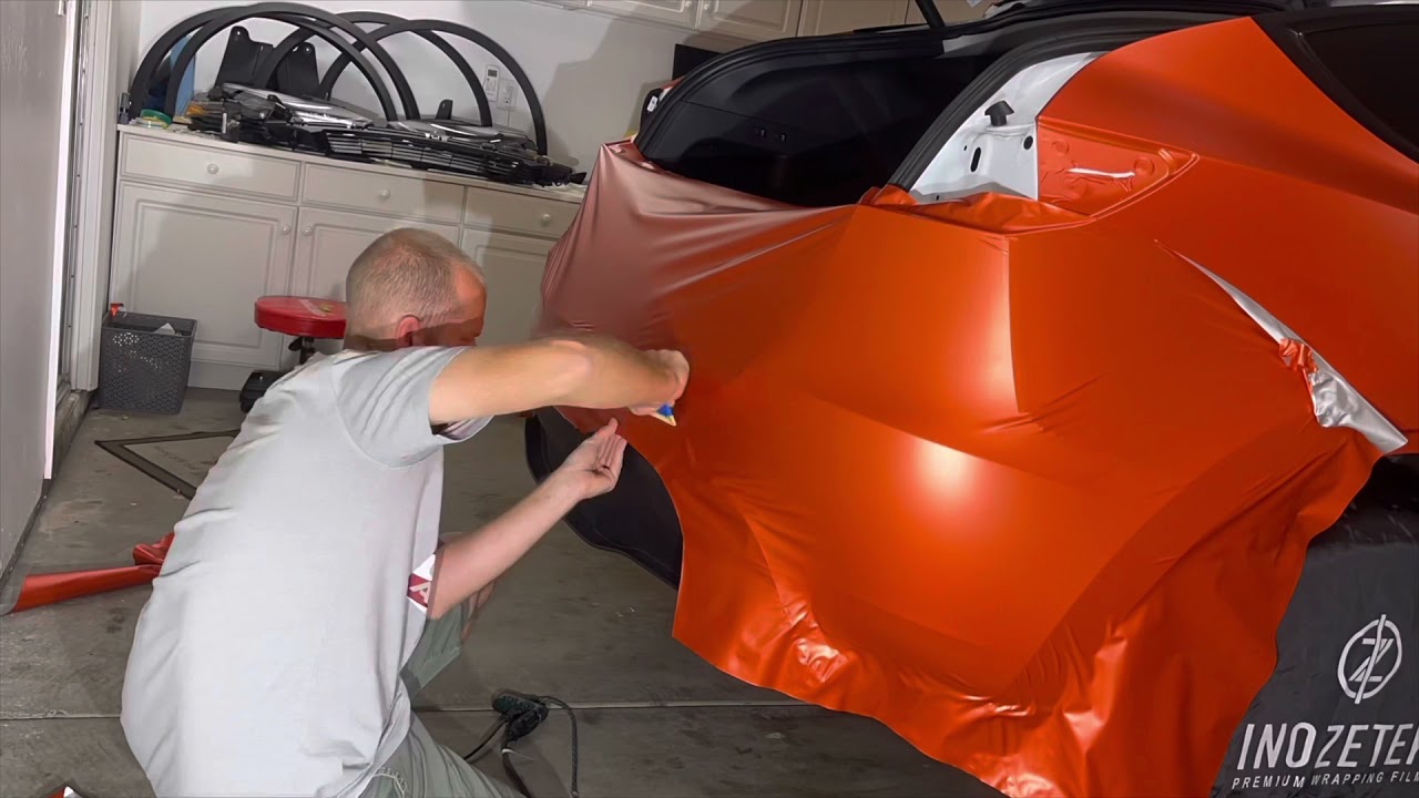 Tesla Model Y Vinyl Wrap Timelapse: KPMF Matte Iced Orange Titanium