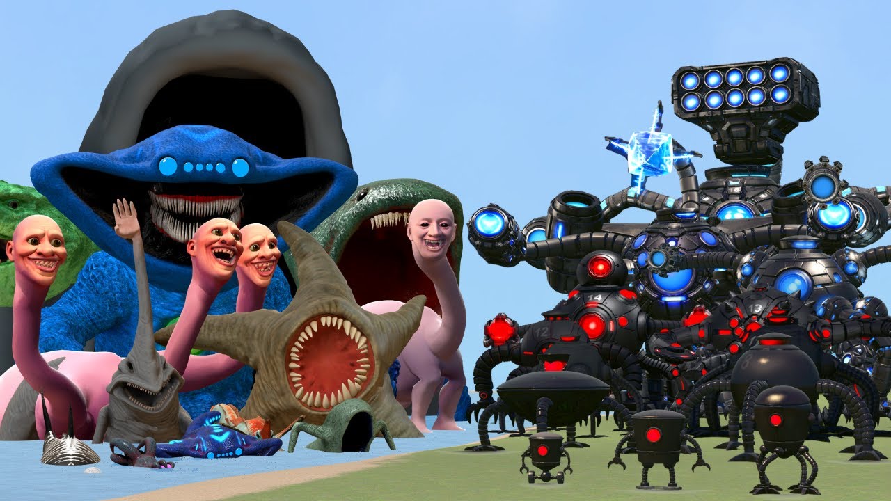 All New Sea Monster Creatures Family Vs All Phases Of Omnidroid v1 To v18 In Garry's Mod