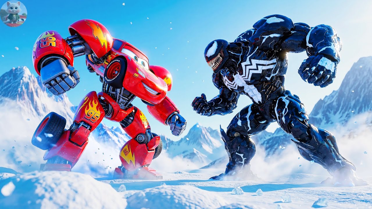 Mcqueen mech vs Robot Venom: Banana Missile Sky Battle on the Snow Mountain!