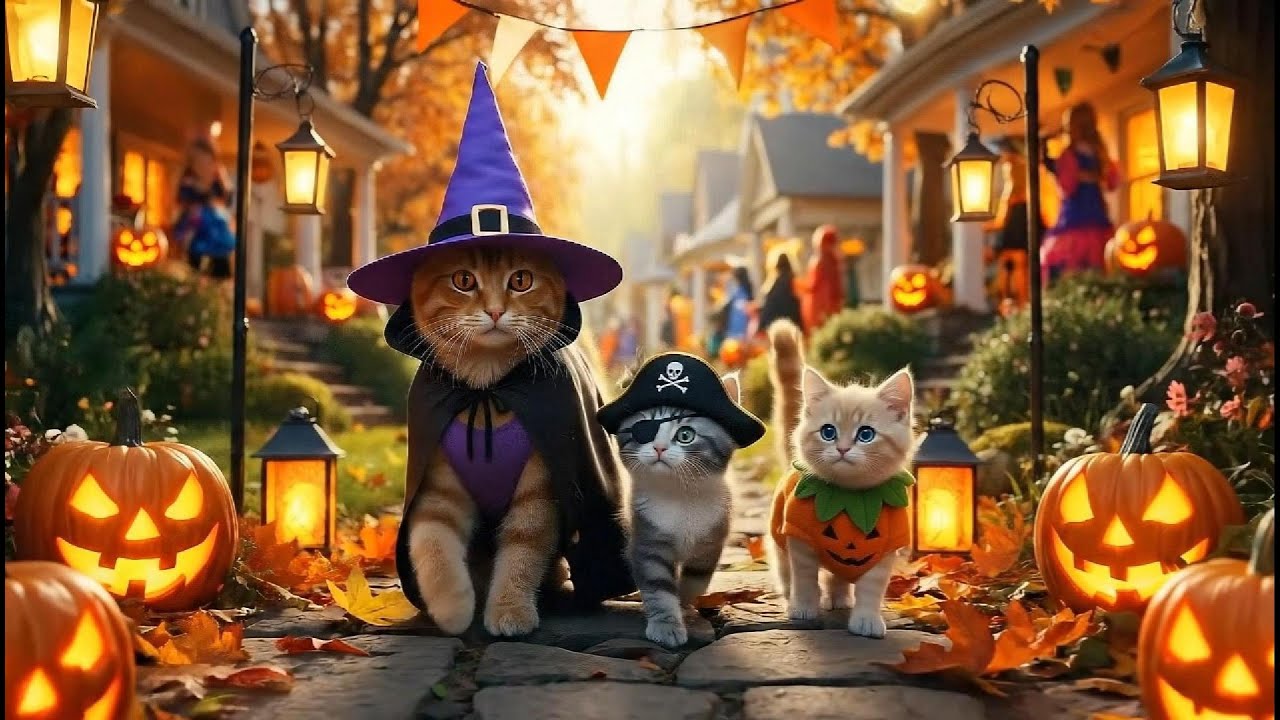 Mama Cat and Her Kittens Go Trick Or Treat And Help A Lost Kitten