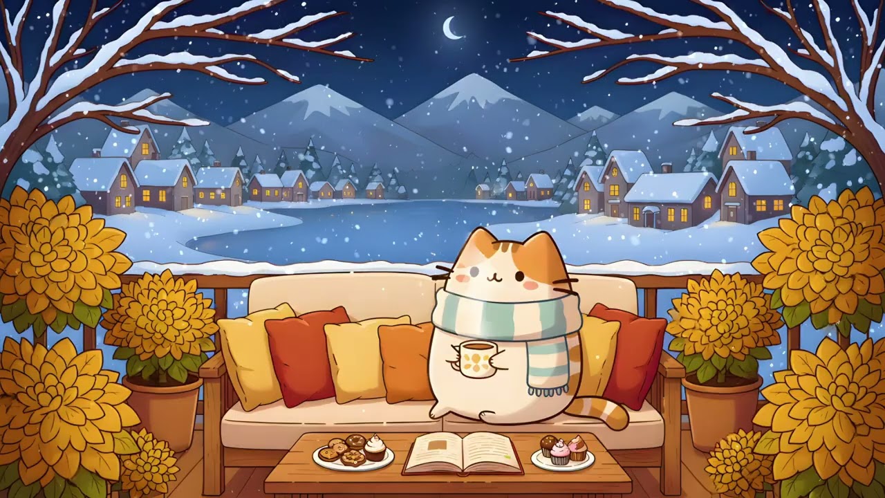 Cozy Winter Night Lofi ❄️ Cat Chill with Soft Lofi Beats, Warm Tea & Peaceful Snowy Village Ambience