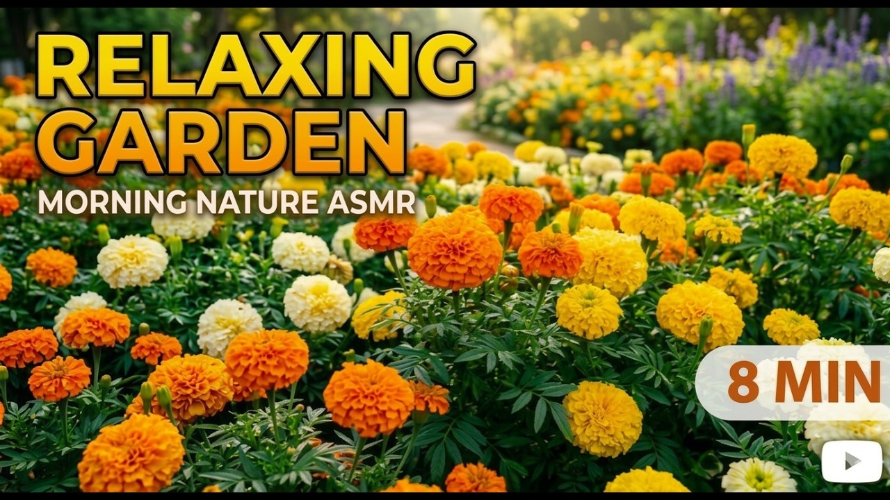 Relaxing Marigold Flower Garden in Morning Sun | 8 Min Peaceful Nature ASMR – No Talking
