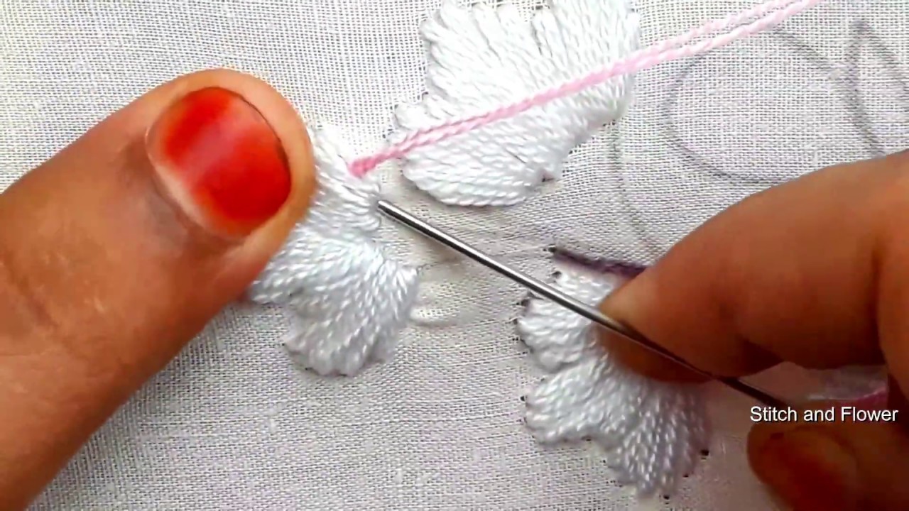 Hand embroidery Sakura branch beautiful white flower stitch embroidery work embroidery design