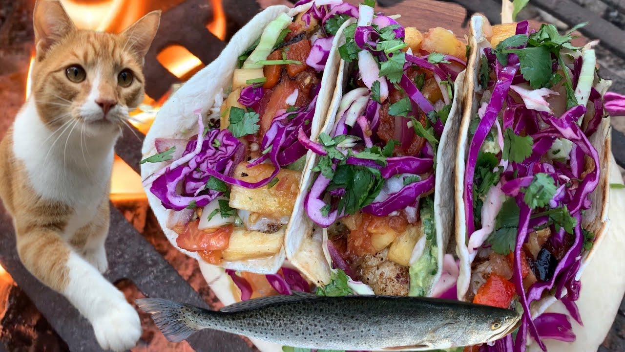 Tropical Fish Tacos cooked over a campfire in the woods with Marlin the Cat-Dog. ASMR *No Talking*
